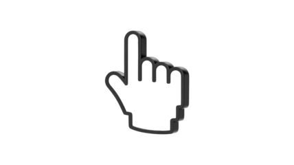 A 3D black outlined hand cursor points upwards, symbolizing selection or interaction in a digital user interface. background removed