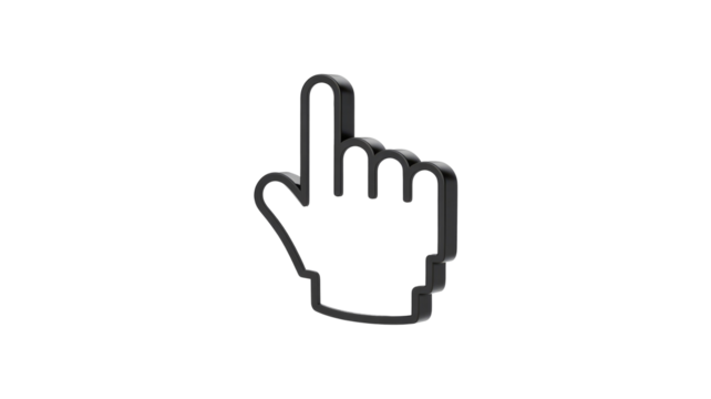 A 3D black outlined hand cursor points upwards, symbolizing selection or interaction in a digital user interface. background removed