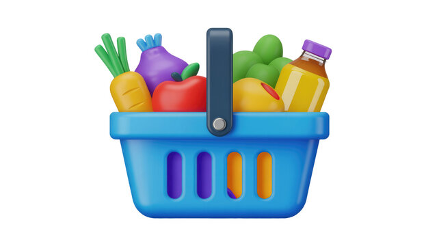A vibrant 3D rendered blue shopping basket brimming with fresh groceries, including carrots, apples, various produce, and a juice bottle. background removed