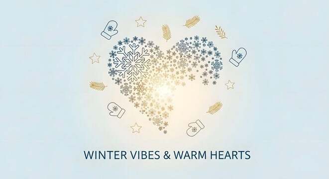 Heart shape of winter elements on a light blue background