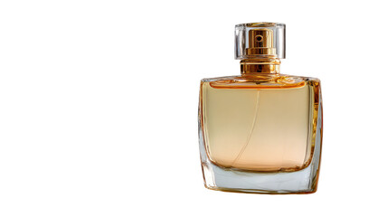 Luxury perfume bottle with elegant design, transparent glass, and sparkling liquid highlighting fragrance sophistication isolated on white background
