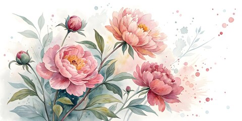 Peony watercolor floral illustration. Flower background.
