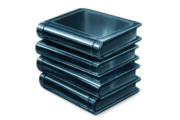 Stacked metallic books icon representing knowledge, education, learning, and literary resources on a transparent background