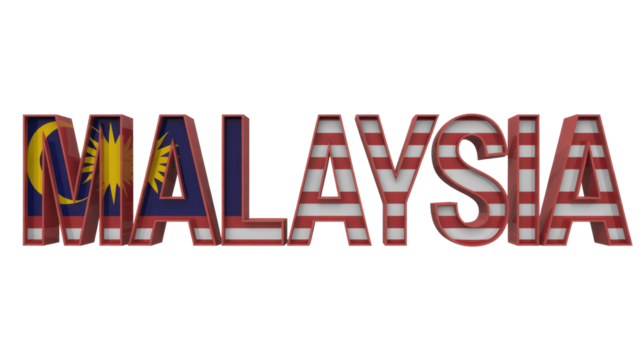 3D text 'MALAYSIA' with letters adorned in the Malaysian flag design, showcasing vibrant national colors and symbols against a solid transparent background. background removed - Powered by Adobe