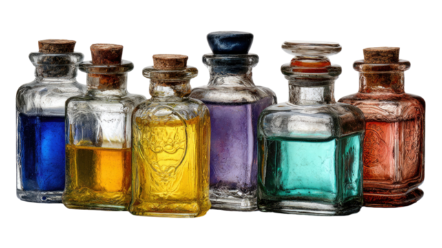 Antique bottles with cork stoppers showcasing vintage glass textures, rustic charm, and collectible details isolated on white background