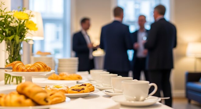 Networking and Refreshments Business Professionals Enjoying Coffee and Pastries at a Casual Meeting