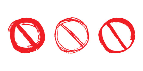 Set of hand drawn prohibition sign No entry symbol Red circle with cross line clipart in doodle style Ban Restriction Forbidden stop Single element for print, web, design