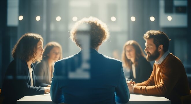Diverse professionals engaging in a strategic business meeting around a modern conference table, fostering collaboration and focused discussion in a contemporary office setting