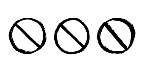 Set of hand drawn prohibition sign No entry symbol Black circle with cross line clipart in doodle style Ban Restriction Forbidden stop Single element for print, web, design