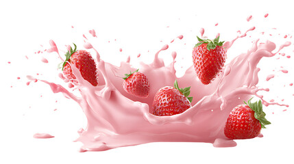 Strawberries falling into a splash of pink creamy liquid, creating a dynamic and refreshing scene, isolated on transparent background