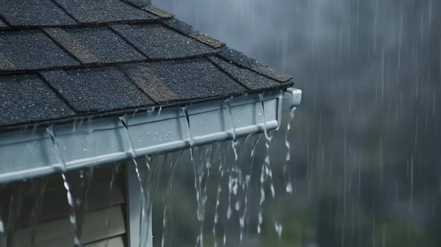 Intense rainfall inundating a residential house gutter, with water cascading and flowing down during powerful storm, forming waterfall like effect against a gloomy backdrop monsoon season heavy rain
