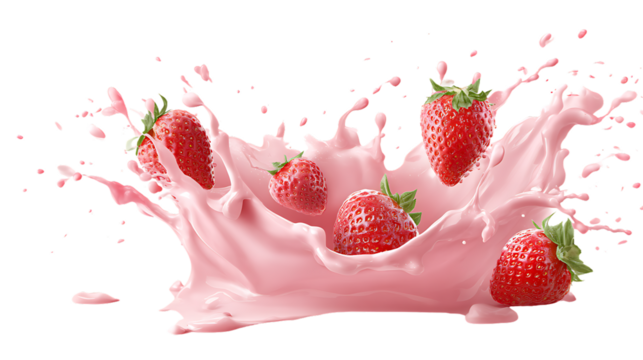 Strawberries falling into a splash of pink creamy liquid, creating a dynamic and refreshing scene, isolated on transparent background