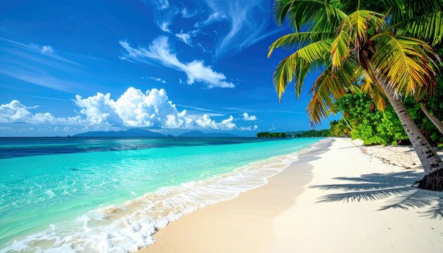A pristine tropical beach with clear turquoise water, white sand, lush green palm trees, and a bright blue sky with fluffy white clouds.