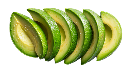 Freshly sliced avocado pieces arranged in a row, showcasing vibrant green flesh, isolated on transparent background