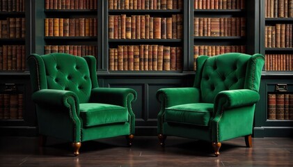 Cozy Library Nook with Plush Armchairs and Stacked Old Books A cozy library nook illuminated by the warm glow of an antique table lamp. Two plush, dark green velvet armchairs face each other, with