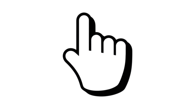 A black outline pointer hand icon with a subtle shadow effect, indicating a click or selection, on a dark transparent background. background removed