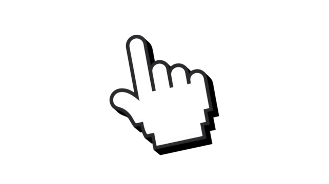 Classic white pixelated hand cursor pointing, with black outline and subtle shadow, ready for clicking or selecting on a digital interface. background removed
