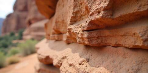 Close up on textured rock face with subtle hints of a path, symbolizing effort and the steps of upward movement. Extreme close up of a textured rock face, showing layers and mineral deposits. A