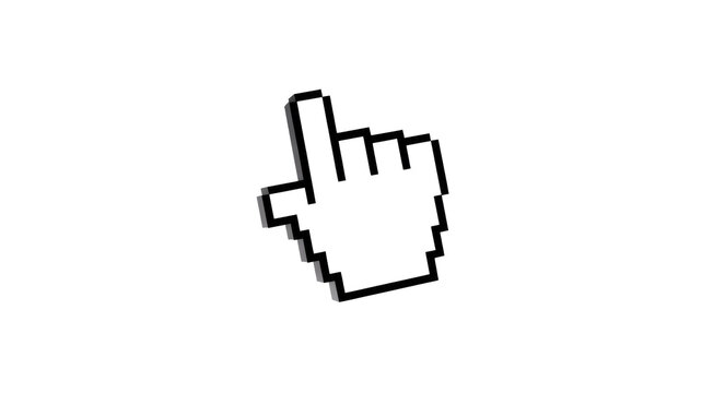 A pixelated 3D hand cursor pointing, often used for hyperlinks or clickable elements, on a solid transparent background. background removed