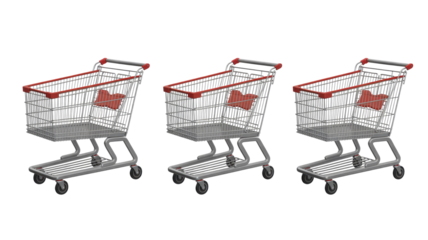Three identical silver shopping carts with red handles and child seats, neatly lined up against a solid dark transparent background, ready for use. background removed