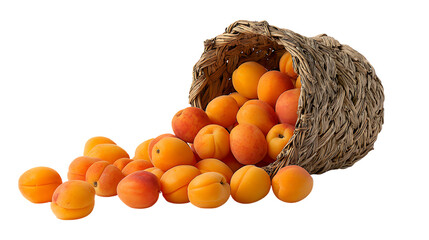 Ripe apricots spilling out of a woven basket, isolated on transparent background
