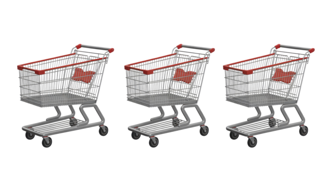 Three identical silver shopping carts with red handles and child seats, neatly lined up against a solid dark transparent background, ready for use. background removed