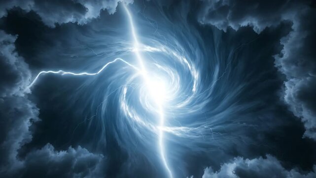 Intense storm vortex with swirling dark clouds and bright lightning strikes creating a powerful