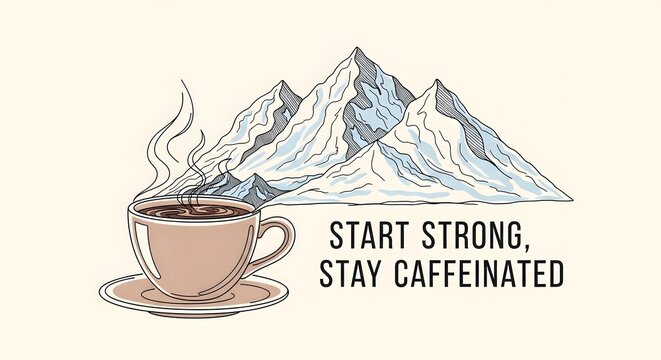 Hand drawn coffee cup with snowy mountains and motivational quote - Powered by Adobe
