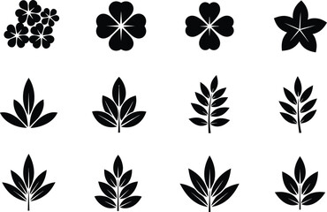 Black and White Leaf and Clover Icon Set on White Background leaves