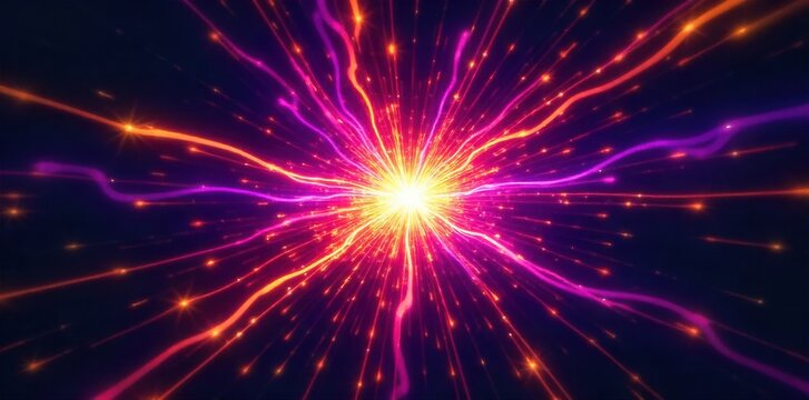 Abstract starburst of vibrant cosmic light trails, swirling and expanding into a dark, ethereal void. An abstract, vibrant starburst of intertwined light trails, swirling outwards from a central point