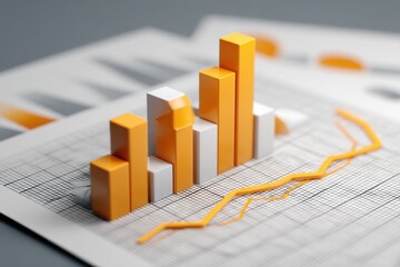 Realistic business graph showing rising trends in data with 3D bar and line elements, suitable for financial analysis and presentations in a minimalistic office environment