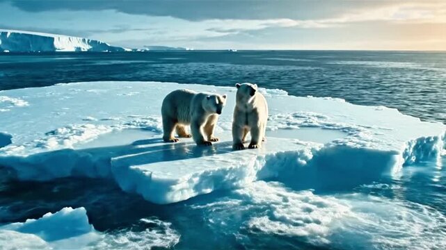 Polar bears on shrinking ice platforms symbolizing global warming.
