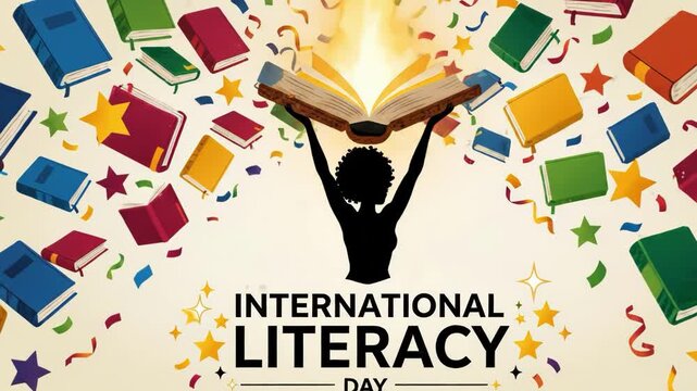 International literacy day celebration with books and confetti