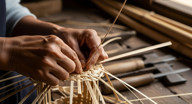Closeup of a woman's hands crafting traditional food on a workshop table