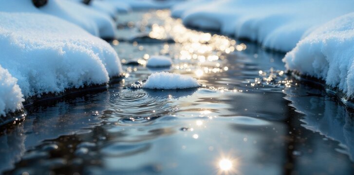 Sunlight Glinting off an Icy Stream A close up of a partially frozen stream in winter. Sunlight glints and sparkles off the icy surface and the flowing water. Reflections of snow covered banks are