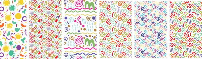 Colorful Abstract Memphis Style Shapes Seamless Patterns Collection Keywords: abstract, pattern