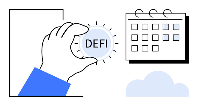 Hand holding DeFi token emphasizing decentralized finance alongside calendar and cloud icon. Ideal for finance, blockchain, economy, technology, future trends, time management, cloud storage. Simple