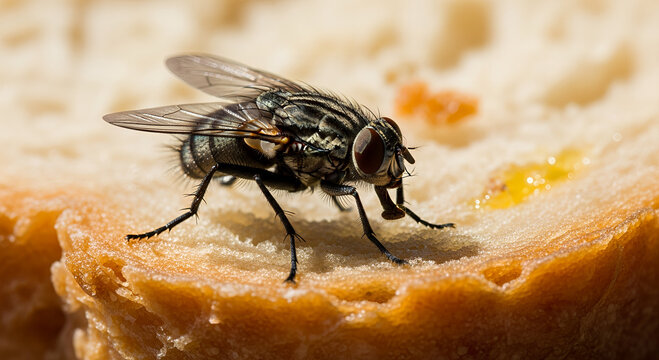 Macro closeup detail of a small hairy housefly insect pest on a green leaf in the wild garden - Powered by Adobe