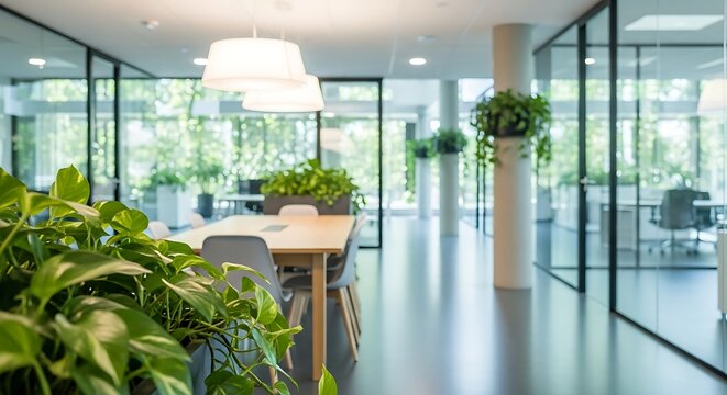 Bright modern office space with natural light and indoor plants