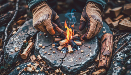 Hands wearing gloves starting a small campfire with kindling in the forest, symbolizing survival, bushcraft, and outdoor adventure preparation.