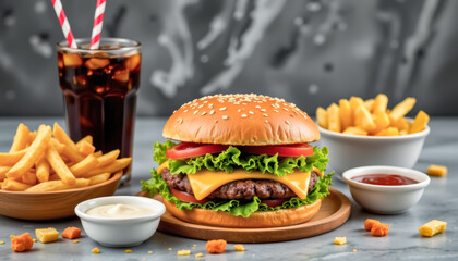 Delicious cheeseburger with lettuce, tomato, fries, and soda served on table, representing fast food, indulgence, or cheat day meal concept.