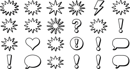 Starbursts, Lightning Bolts, Hearts, and Speech Bubbles Doodle Set hand drawn icon