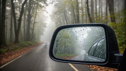 Obraz premium Low season road trip concept. Foggy forest scene viewed through a car's rearview mirror, showcasing raindrops and a winding road.