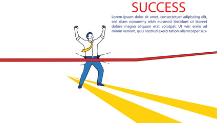 Businessman crossing finish line with arms raised in victory success achievement