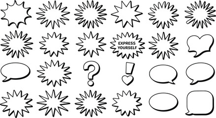 Diverse collection of black and white comic style speech bubbles and symbols starburst