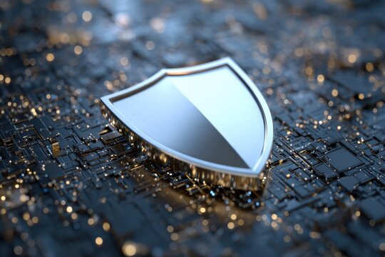 Digital shield representing cybersecurity for data protection in a modern technological environment filled with intricate circuits and glowing elements - Powered by Adobe