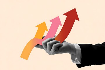 Creative poster collage hand body fragment hold arrows statistics progress achieve goal stocks investor economy drawing background