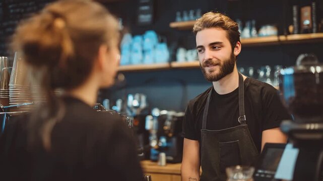 Friendly Barista with Beard Smiling and Talking to Customer at Modern Coffee Shop Counter, Providing Excellent Service