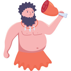 Primitive Man With Beard And Necklace Holds A Large Ham Leg Bone In A Transparent Background Wearing A Simple Orange Skirt And Holding A Large Ham Leg Bone In His Hand