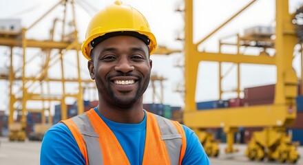 Smiling dock worker wearing a hard hat and safety vest at a shipping port, ready to work and manage operations